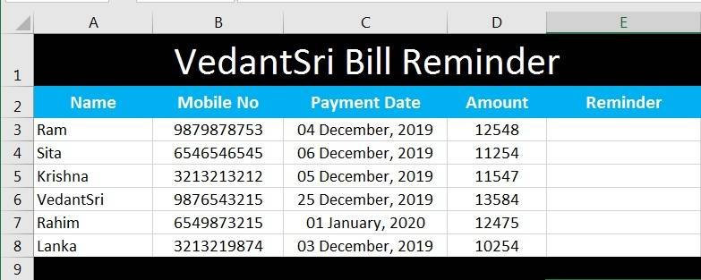 MS Excel Bill Reminder Project-8