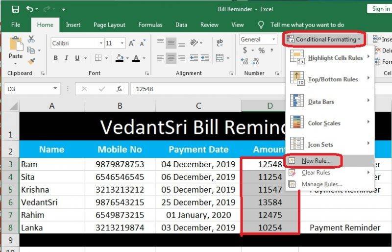 MS Excel Bill Reminder Project-8