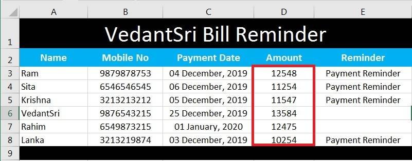 MS Excel Bill Reminder Project-8