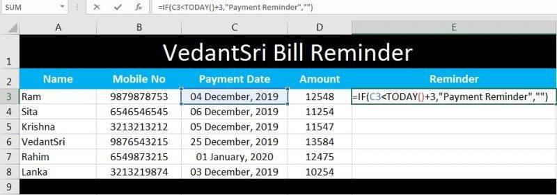 MS Excel Bill Reminder Project-8