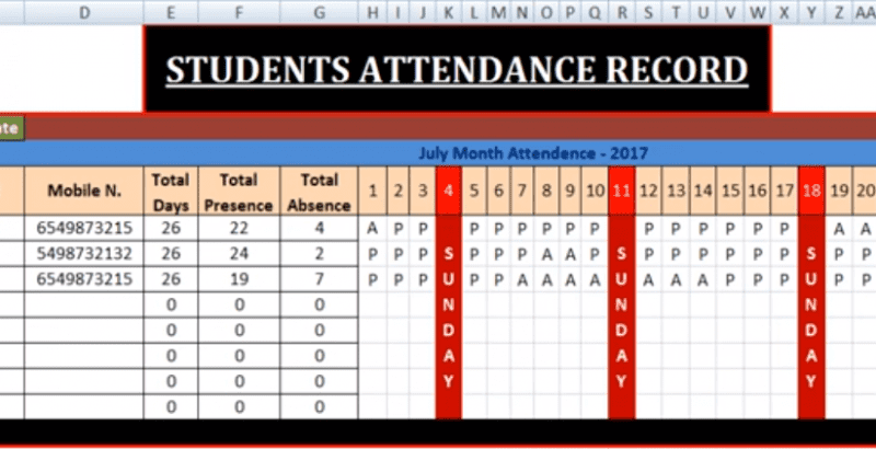 attendance sheet in excel with formula