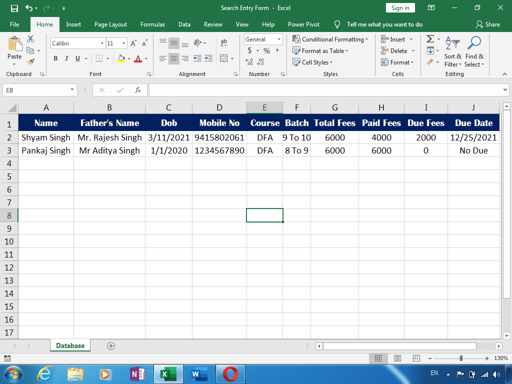 Search Entry Form Excel 4